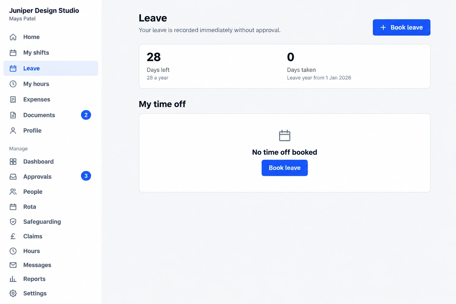 The Leave screen showing 28 days left out of 28 a year, 0 days taken in the leave year from 1 January 2026, and a Book leave button.