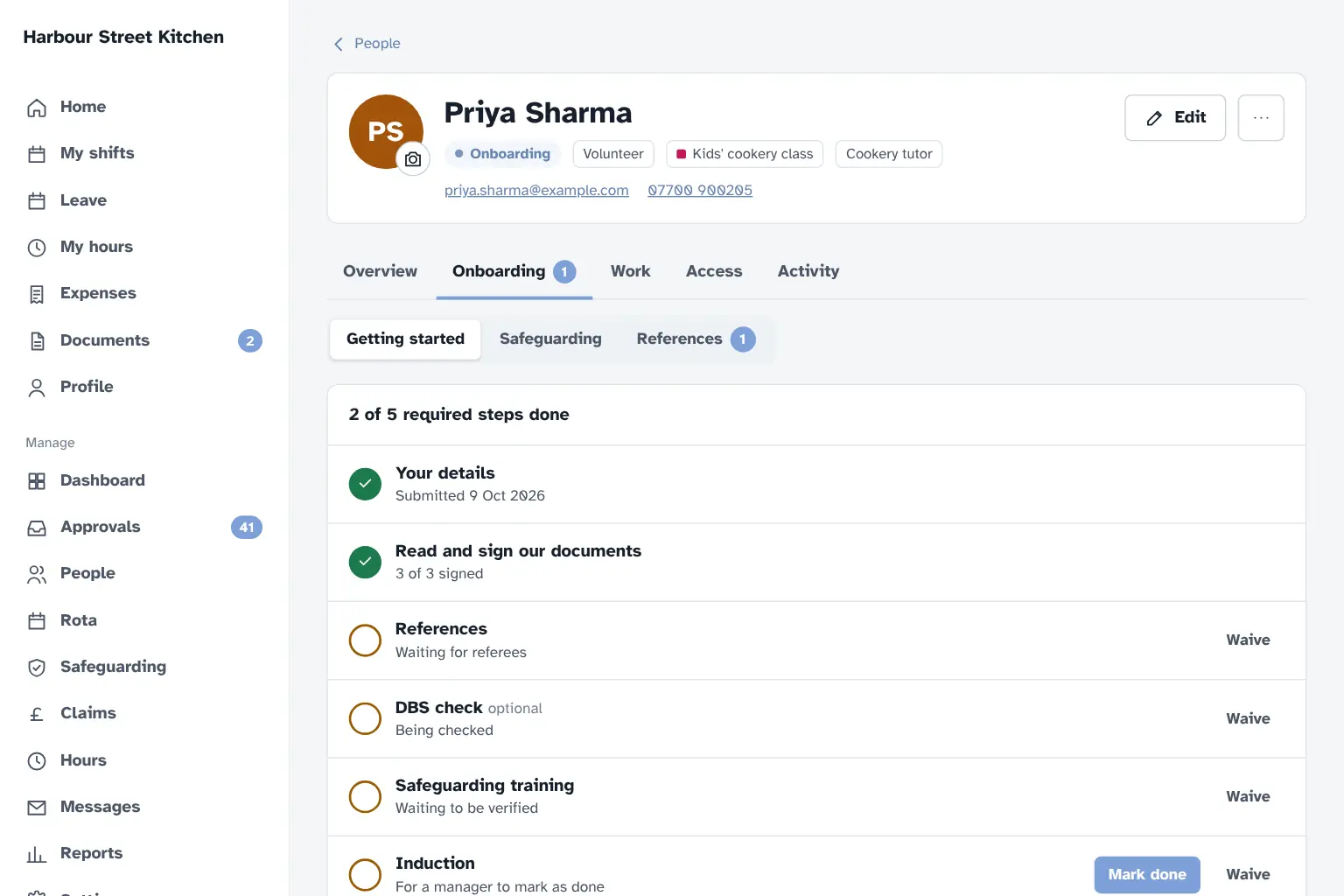 Priya Sharma's profile on the Onboarding tab, with 2 of 5 required steps done. Her details and documents are complete, while references, a DBS check and safeguarding training are in progress, and the induction has a Mark done button.