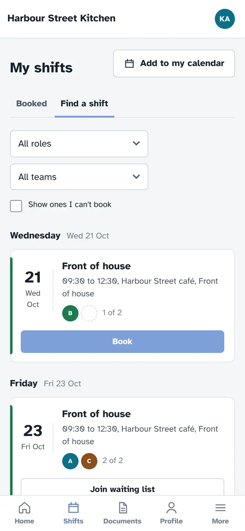 The Find a shift tab on a phone, listing open Front of house shifts on Wednesday 21 and Friday 23 October, with a Book button and a Join waiting list button for a full shift.