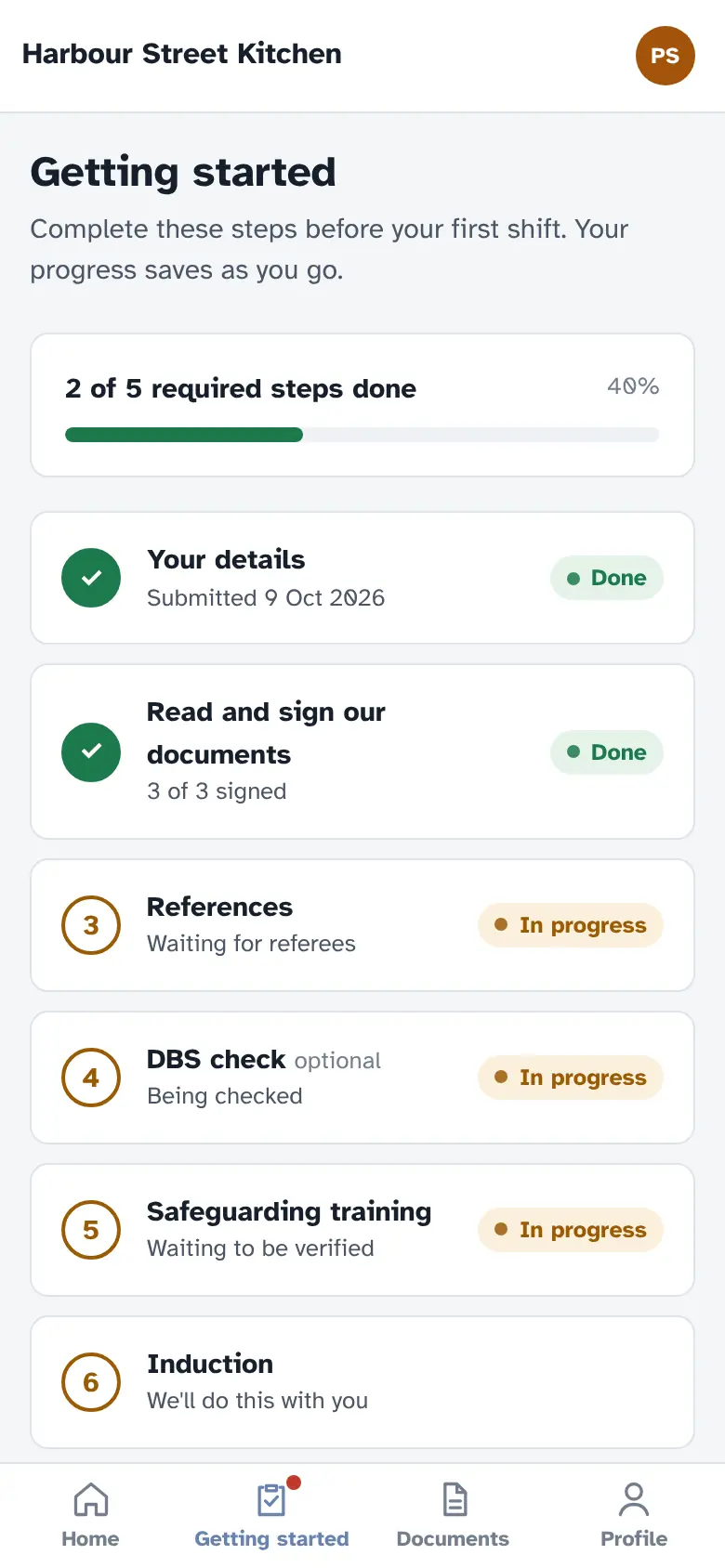 The Getting started checklist on a new starter's phone: 2 of 5 required steps done, with details and documents complete, and references, DBS check, safeguarding training and induction still to do.